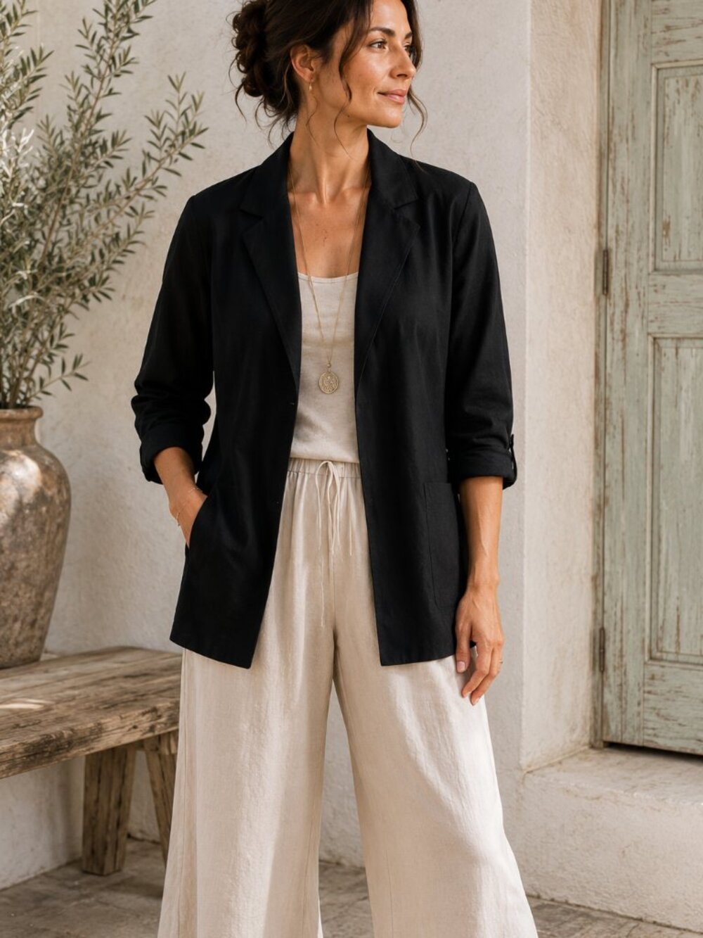 Coldwater Creek Linen Blazer Jacket Black L Open Front Lightweight Minimalist
